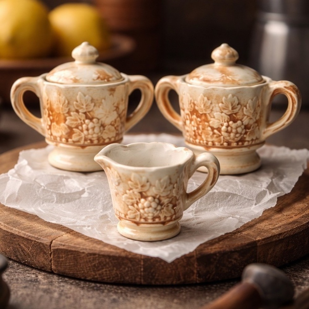 Vintage Japan Ceramic Cream and Sugar Set Embossed Grapes Brown Ivory 3 Piece